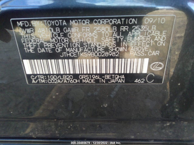 2011 LEXUS GS 350 VIN: JTHCE1KS9B0028982