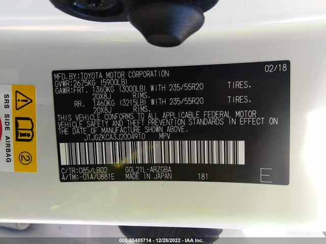 2018 Lexus RX, VIN: JTJGZKCA3J2004910