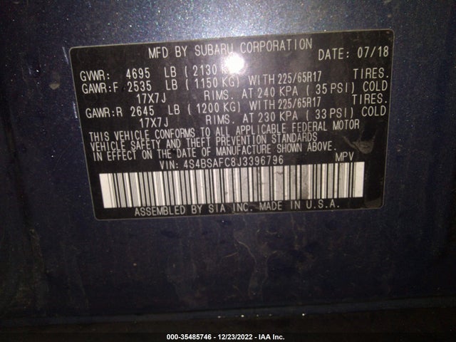 2018 Subaru Outback, VIN: 4S4BSAFC8J3396796