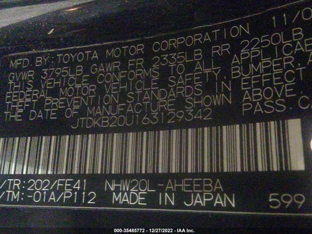 2006 TOYOTA PRIUS VIN: JTDKB20U163129342