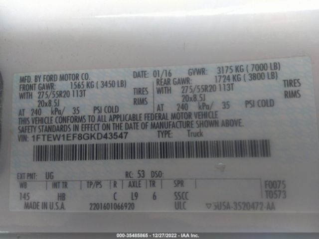 1FTEW1EF8GKD43547 Ford F-150 Lariat