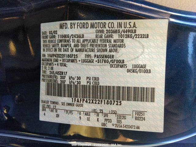2002 FORD MUSTANG GT VIN: 1FAFP42X22F180725