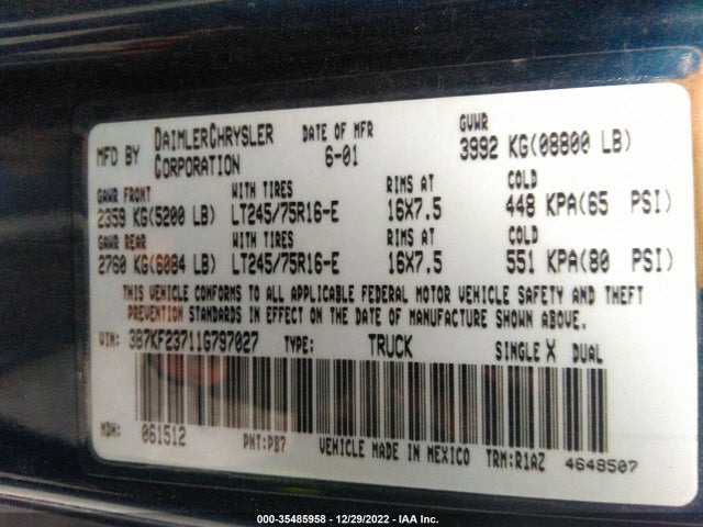 Dodge RAM 2500 2001 3B7KF23711G797027 Image 11