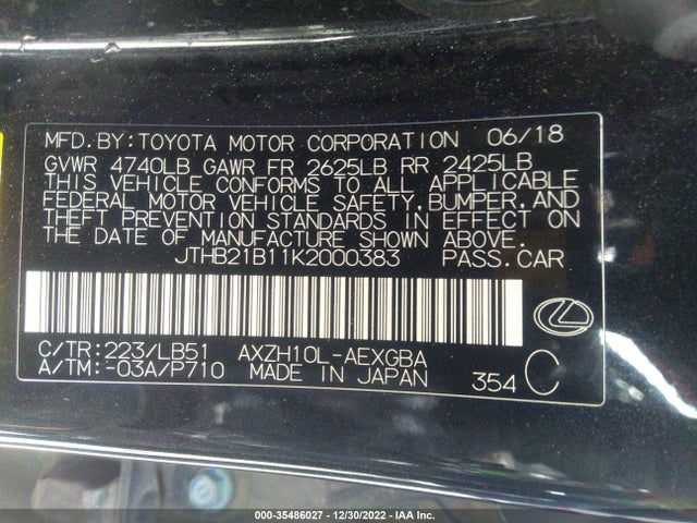 2019 Lexus ES, VIN: JTHB21B11K2000383