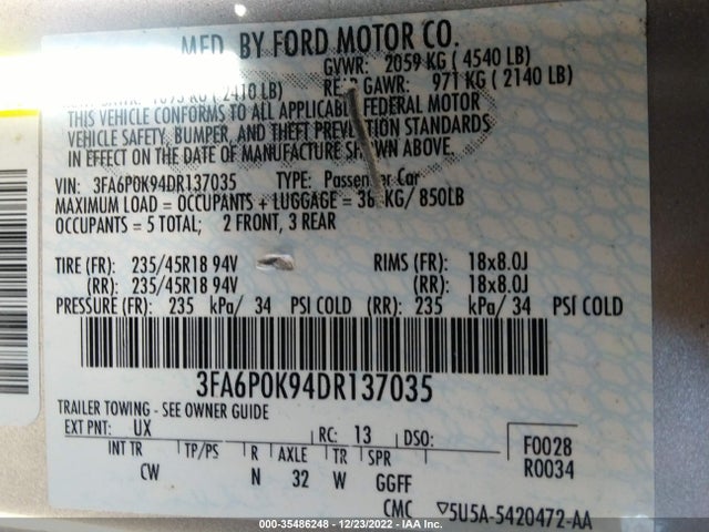 2013 FORD FUSION TITANIUM VIN: 3FA6P0K94DR137035
