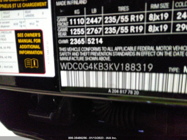 2019 MERCEDES-BENZ GLC GLC 300 VIN: WDC0G4KB3KV188319