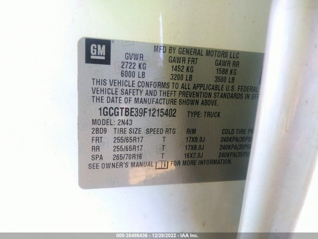 2015 Chevrolet Colorado, VIN: 1GCGTBE39F1215402