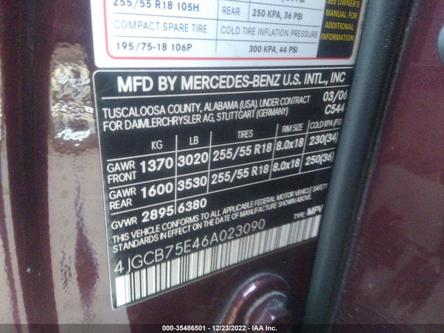 2006 MERCEDES-BENZ R-CLASS 5.0L VIN: 4JGCB75E46A023090