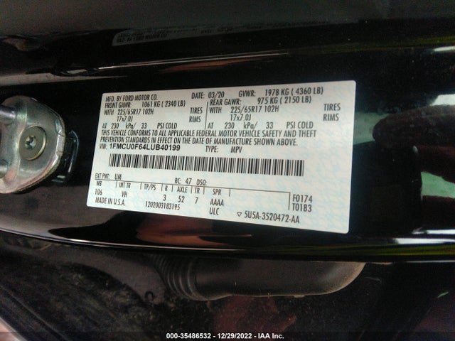 2020 FORD ESCAPE S VIN: 1FMCU0F64LUB40199