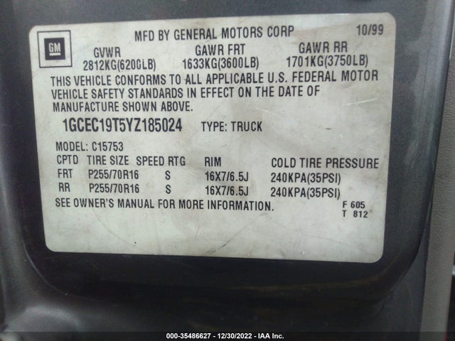 2000 CHEVROLET SILVERADO 1500 LS VIN: 1GCEC19T5YZ185024