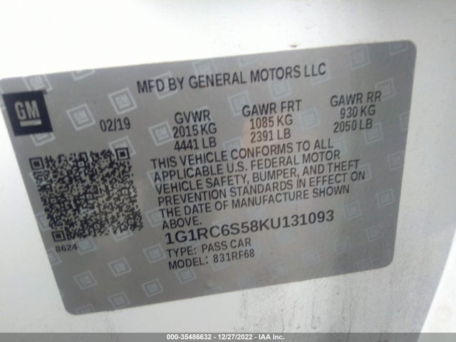 2019 Chevrolet Volt, VIN: 1G1RC6S58KU131093
