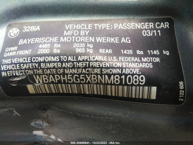 2011 BMW 3 SERIES 328I VIN: WBAPH5G5XBNM81089