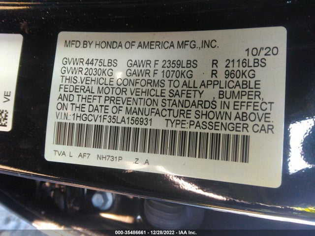 2020 Honda Accord, VIN: 1HGCV1F35LA156931