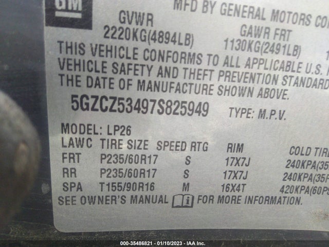 2007 SATURN VUE V6 VIN: 5GZCZ53497S825949