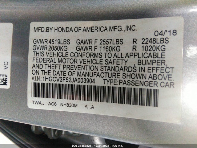 2018 Honda Accord, VIN: 1HGCV3F52JA003904
