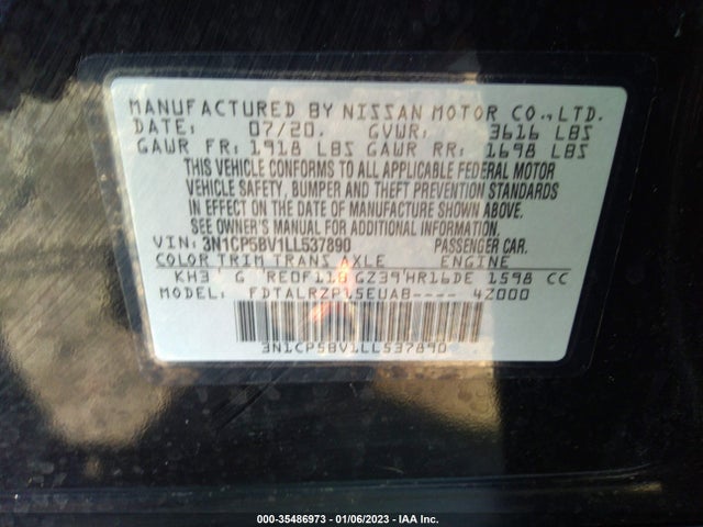 2020 NISSAN KICKS S VIN: 3N1CP5BV1LL537890