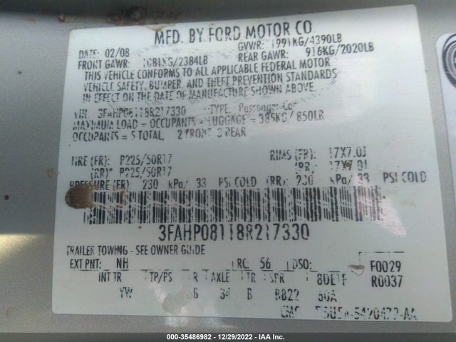 2008 FORD FUSION SEL VIN: 3FAHP08118R217330