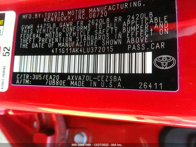 2020 Toyota Camry, VIN: 4T1G11AK4LU372015