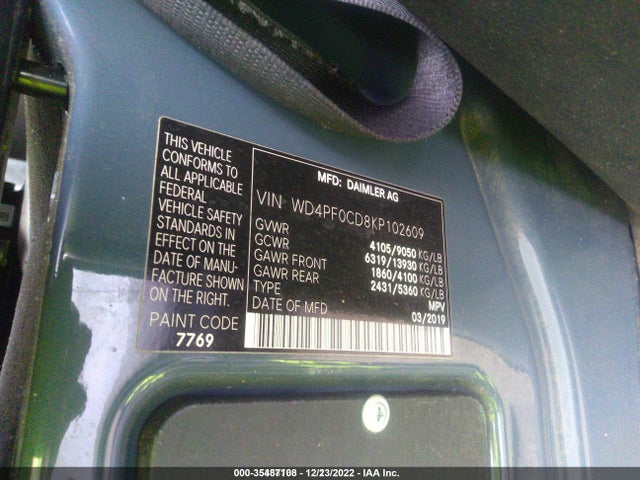 2019 Mercedes-Benz Sprinter, VIN: WD4PF0CD8KP102609