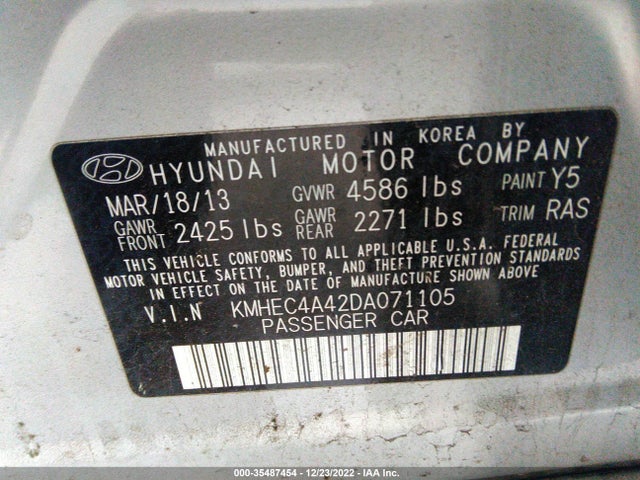 2013 HYUNDAI SONATA HYBRID VIN: KMHEC4A42DA071105