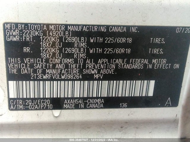 Toyota RAV4 2020 2T3EWRFV0LW098264 Image 10