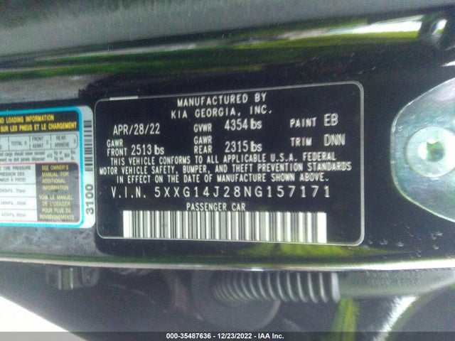 2022 Kia K5, VIN: 5XXG14J28NG157171