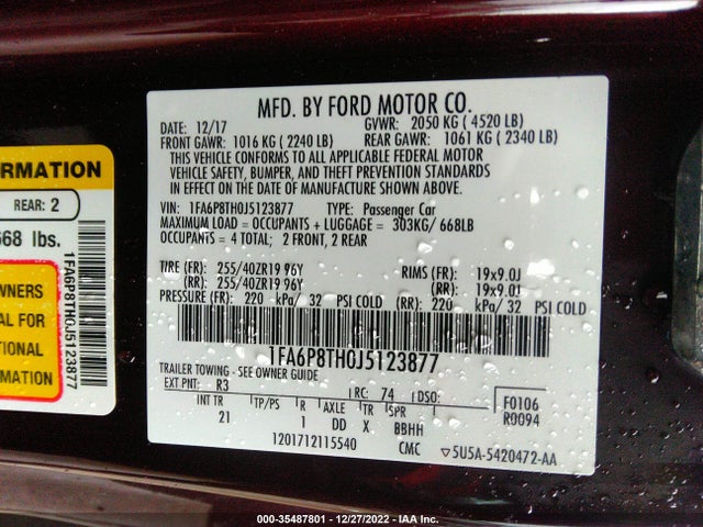 2018 FORD MUSTANG ECOBOOST VIN: 1FA6P8TH0J5123877