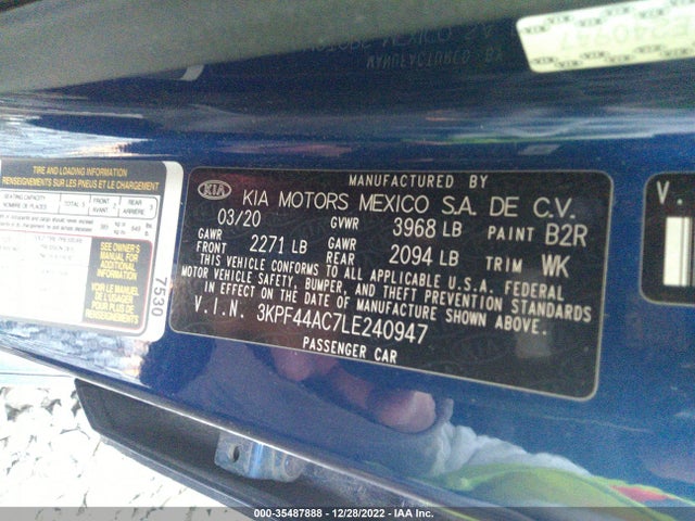 2020 KIA FORTE GT VIN: 3KPF44AC7LE240947