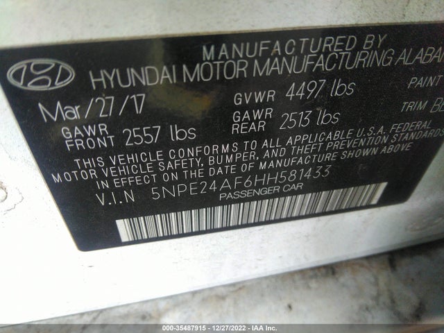 2017 HYUNDAI SONATA SE VIN: 5NPE24AF6HH581433