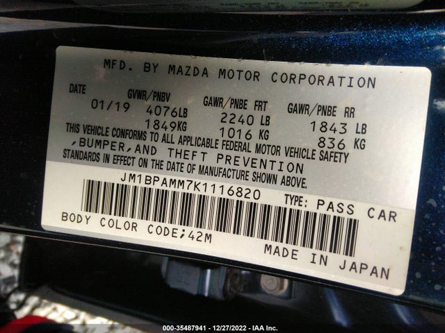 2019 Mazda 3, VIN: JM1BPAMM7K1116820