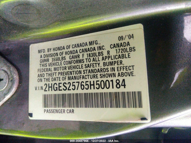 2005 HONDA CIVIC SDN EX VIN: 2HGES25765H500184