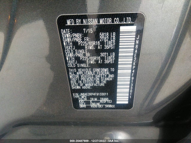 2015 NISSAN QUEST SV VIN: JN8AE2KP4F9133011