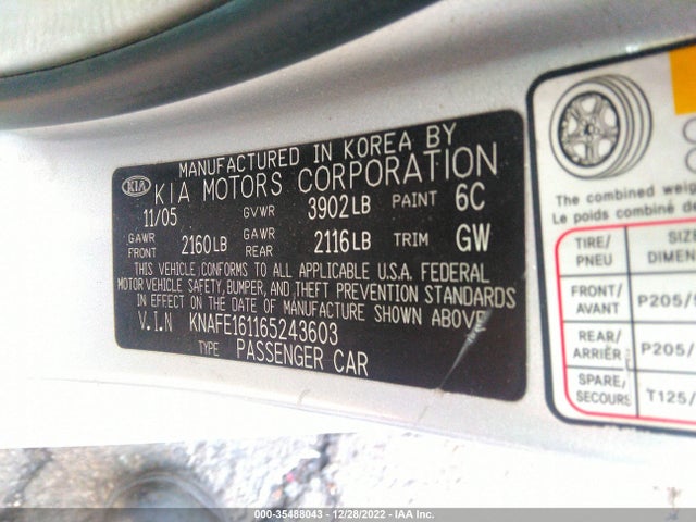 KIA Spectra 2006 KNAFE161165243603 Image 10