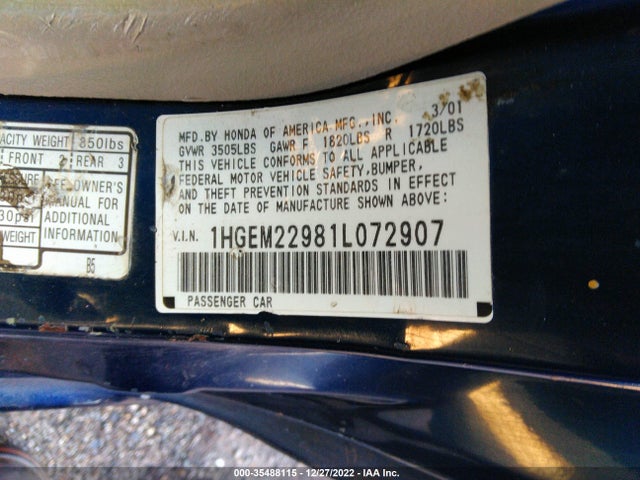 2001 HONDA CIVIC EX VIN: 1HGEM22981L072907