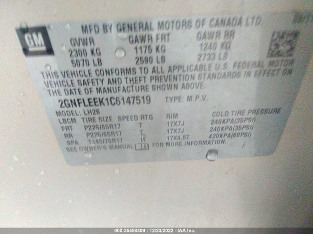 2012 CHEVROLET EQUINOX LT W/1LT VIN: 2GNFLEEK1C6147519