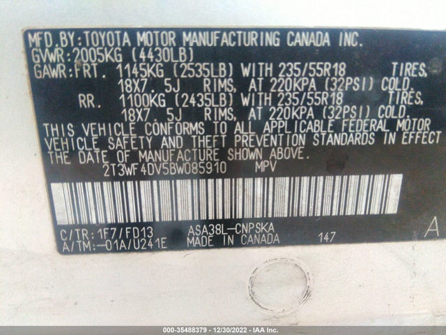 2011 TOYOTA RAV4 SPORT VIN: 2T3WF4DV5BW085910