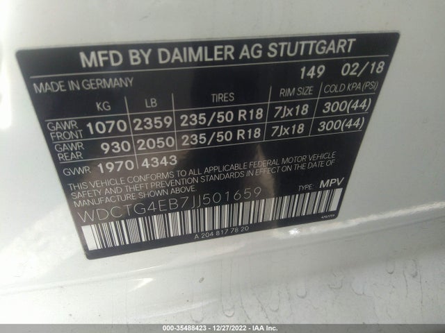 2018 Mercedes-Benz GLA-Class, VIN: WDCTG4EB7JJ501659