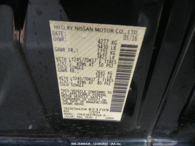 2016 Nissan NV, VIN: 5BZAF0AA3GN853709
