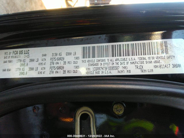 2015 RAM 1500 LARAMIE VIN: 1C6RR7NT9FS595587