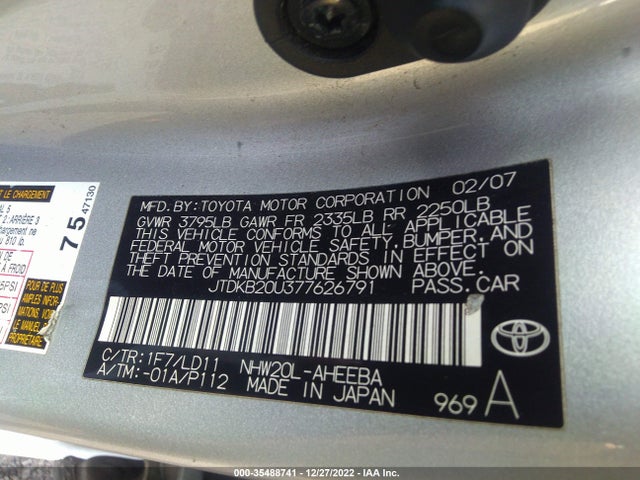 2007 TOYOTA PRIUS VIN: JTDKB20U377626791