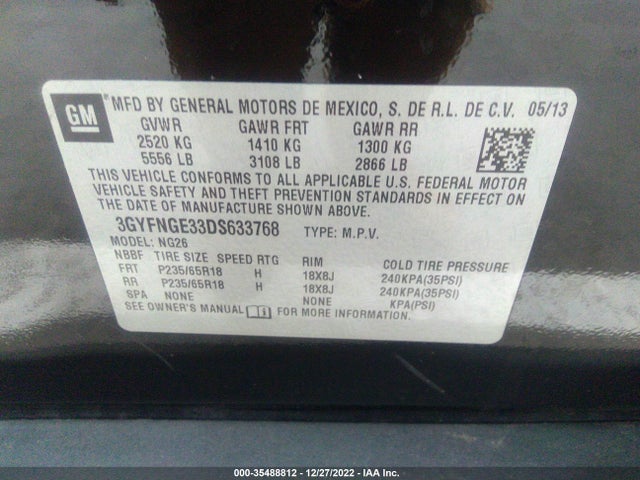 35488812 :رقم المزاد ، 3GYFNGE33DS633768 vin ، 2013 Cadillac Srx Luxury Collection مزاد بيع