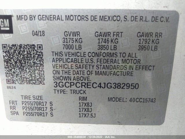 2018 CHEVROLET SILVERADO 1500 LT VIN: 3GCPCREC4JG382950
