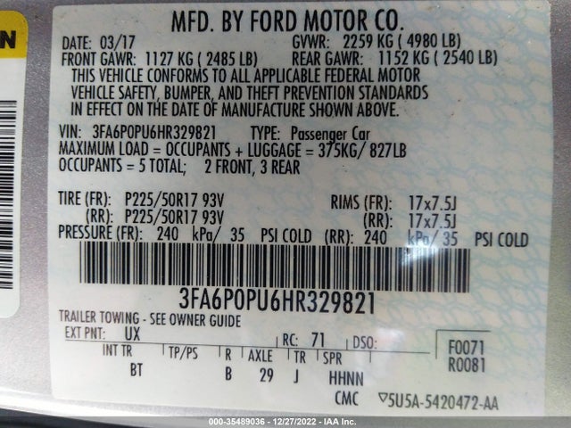 2017 Ford Fusion, VIN: 3FA6P0PU6HR329821