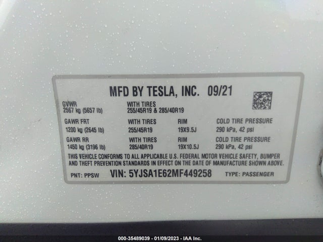 Tesla Model S Plaid 2021 5YJSA1E62MF449258 Image 11