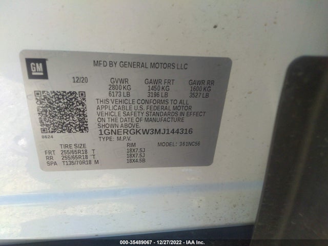 Chevrolet Traverse Lt Cloth 2021 1GNERGKW3MJ144316 Image 9