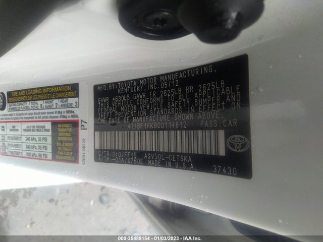 2012 TOYOTA CAMRY L/LE/SE/XLE VIN: 4T1BF1FK9CU114612