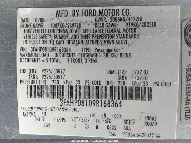 2009 FORD FUSION SEL VIN: 3FAHP08109R168364