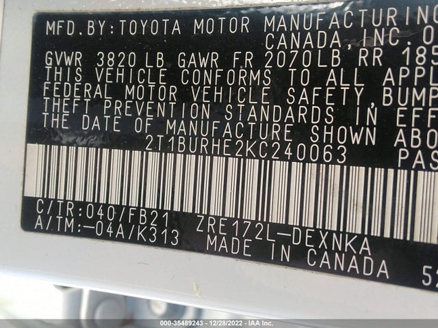2019 Toyota Corolla, VIN: 2T1BURHE2KC240063