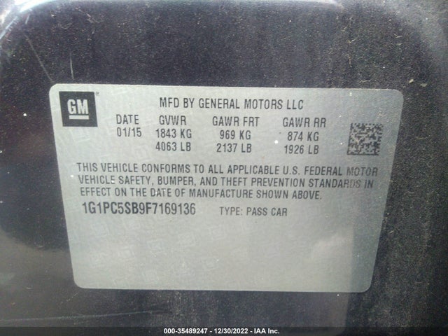 2015 Chevrolet Cruze, VIN: 1G1PC5SB9F7169136