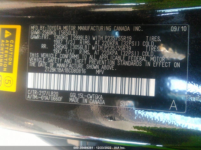 2011 LEXUS RX 350 VIN: 2T2BK1BA1BC080816
